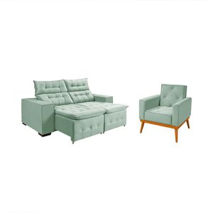 Kit Sofá Retratil Reclinável Bari 1,90 Pillow Mais Poltrona Florença Em Veludo Acqua Verde