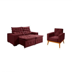Kit Sofá Retratil Reclinável Bari 1,90 Pillow Mais Poltrona Florença Em Veludo Vinho Roxo