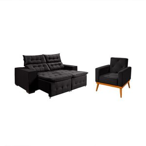 Kit Sofá Retratil Reclinável Bari 1,90 Pillow Mais Poltrona Florença Em Veludo Preto Preto