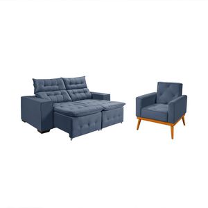 Kit Sofá Retratil Reclinável Bari 1,90 Pillow Mais Poltrona Florença Em Veludo Denin Azul