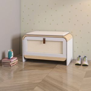 Sapateira Infantil Wave Com Assento Estofado E 1 Porta Com Rattan Casatema Branco Natural