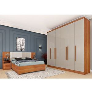 Quarto Casal Completo Roupeiro Veneza 4 Gavetas, Cama Casal Mônaco E Painel Ripado 4 Gavetas Cinamomo Off White