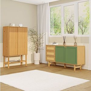 Kit Buffet 2 Portas Laca 3 Gavetas Rattan Com Cristaleira Porta Ripada Magna Cabecasa Madeiramadeira Mel-verde