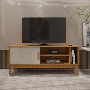 Rack Para Tv Até 55\" 1 Porta Com Puxador Em Madeira Maciça Nero 136cm Retrô Cedro E Off White