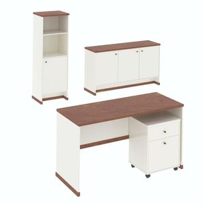 Conjunto Escritório Office 4 Peças Mesa Gaveteiro Armário Buffet Berlin Off White E Naturale