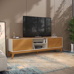 Rack Para Tv Até 65 Polegadas 2 Portas Com Puxador Em Madeira Maciça Domus 180cm Retrô Off White E Cedro