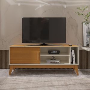 Rack Para Tv Até 55 Polegadas 1 Porta Com Puxador Em Madeira Maciça Nero 136cm Retrô Off White E Cedro