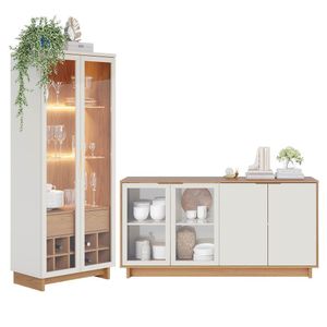 Conjunto Buffet Aparador e Cristaleira com Led Off White Freijó Colibri
