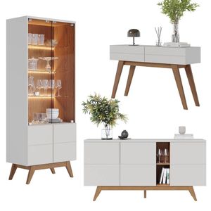 Kit Completo Cristaleira Led Buffet Aparador Off White Freijó 3 Peças Colibri