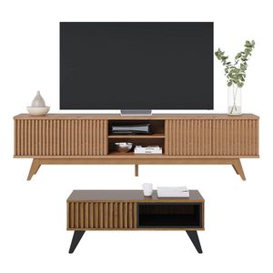 Kit Sala de Estar com Rack Para TV Ripado e Mesa de Centro Noce Preto Colibri