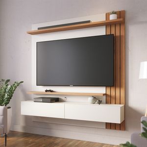 Painel Home Suspenso com Detalhe Ripado Para TV Até 65' Juriti Off White Matte Freijo Colibri