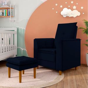 Poltrona Decorativa Amamentação Reforçada E Puff Alice Suede azul Marinho
