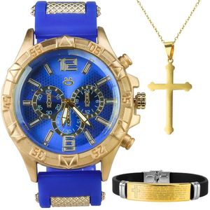 Relogio Masculino Banhado Aço + Pulseira + Colar Crucifixo