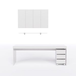 Mesa Reta Com Engrosso 180cm Gaveteiro Armários Baixos E Prateleira branco