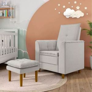 Poltrona Decorativa Amamentação Reforçada E Puff Luly Linho cinza