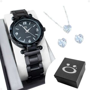 Relogio Feminino Preto Aço Caixa Brincos Presente Social