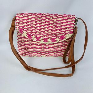 Bolsa Feminina Tiracolo Transversal De Palha Moda Praia Verão pink