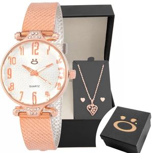 Relogio Feminino Rose Aço + Colar Brinco Coração + Caixa Banhado Inoxidável Social Presente Original