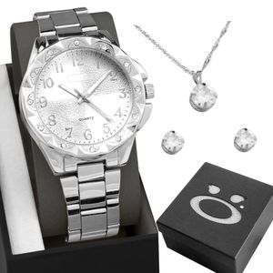 Relogio Aço Feminino Prata + Caixa + Brincos Colar Strass Social Original Inoxidável Ponteiro Casual