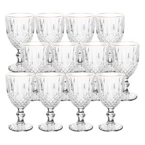 Jogo 12 Taça De Vidro Transparente Com Borda Dourada Fio De Ouro Greek 345ml Wolff