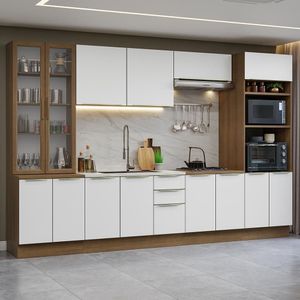 Armário De Cozinha Completa 340cm Rustic/branco Veludo Lux Madesa 02 Rustic/branco Veludo