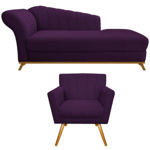 Kit Diva Recamier Vanessa 160cm Lado Direito E 01 Poltrona Laura Suede Cor Roxo