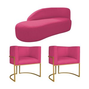Kit Divã Luna 140cm Lado Esquerdo E 02 Poltronas Base De Ferro Dourado Suede Cor Pink