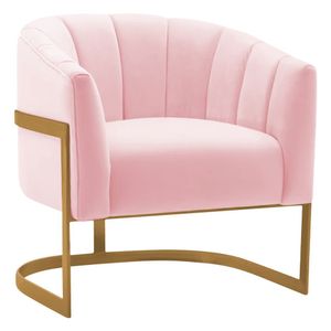 Poltrona Decorativa Sala De Estar Recepção Mavie Base De Ferro Dourado Suede - Amarena Móveis Cor Rosa Bebê