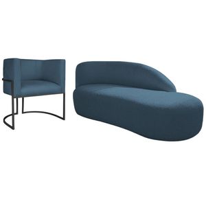 Kit Divã Luna 160cm Lado Direito E 01 Poltrona Base De Ferro Preto Linho Cor Azul Royal