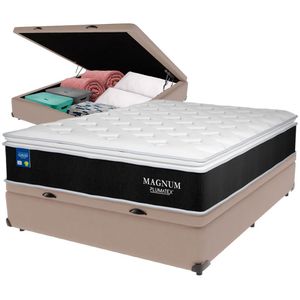 Cama Box Baú Bege E Colchão Magnum Molas Ensacadas Casal Plumatex