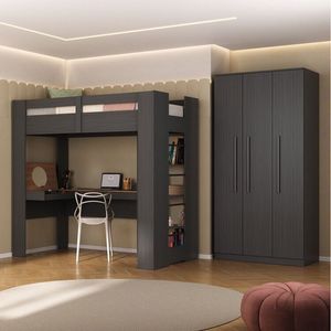 Quarto Juvenil Completo Com Beliche E Sapateira Seul Espresso Móveis Grafite-nogal