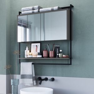 Armário Espelheira Para Banheiro 80cm Com 1 Prateleira Externa E Toalheiro Estilo Industrial P1043 Preto-grafite