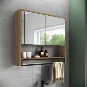 Armário Espelheira Para Banheiro 80cm Com 2 Portas E Toalheiro Estilo Industrial Preto-mel