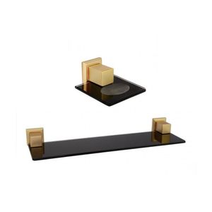 Kit Com Saboneteira E 1 Porta Shampoo Com Vidro Ouro Fosco