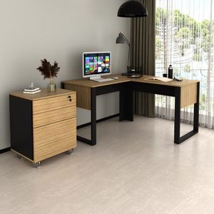 Escrivaninha Em L 136x135cm Com Gaveteiro 3 Gavetas Com Chave Amêndoa-preto