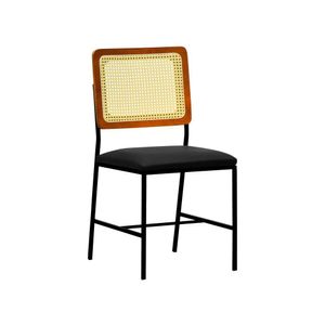 Cadeira Lyon Metal Encosto Telinha Natural Assento Estofado Corano Preto Amêndoa
