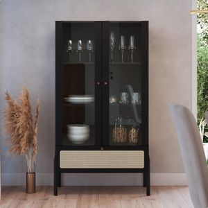 Cristaleira 2 Portas Vidro 1 Gaveta 83cm Palhinha Pé Madeira Nero Preto
