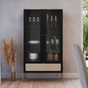Cristaleira 2 Portas Vidro 1 Gaveta 83cm Palhinha Pé Metal Nero Nero Dourado
