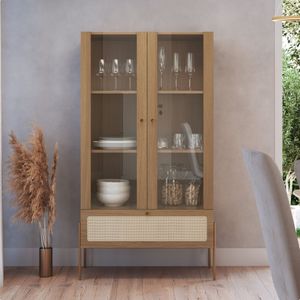 Cristaleira 2 Portas Vidro 1 Gaveta 83cm Palhinha Pé Metal Hanover Dourado