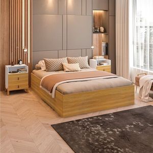 Conjunto Cama Box Casal Lia Com Mesa De Cabeceira Com 1 Nichos E 2 Gavetas Domus Branco Freijó