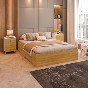 Conjunto Cama Box Casal Lia Com Mesa Cabeceira Com 3 Gavetas Dumont Branco Freijó