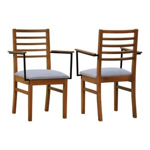 Kit 2 Cadeiras Tiê Com Braços Madeira Maciça Encosto Ripado Assento Estofado Linho Impermeável Amêndoa-cinza