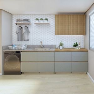 Lavanderia Modulada Com 2 Balcões E 1 Amario Aéreo Porta Ripada 100% Mdf Rainha Nature-verde