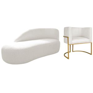 Kit Divã Luna 185cm Lado Esquerdo E 01 Poltrona Base De Ferro Dourado Bouclé Cor Branco Tx