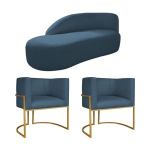 Kit Divã Luna 185cm Lado Esquerdo E 02 Poltronas Base De Ferro Dourado Linho Cor Azul Royal