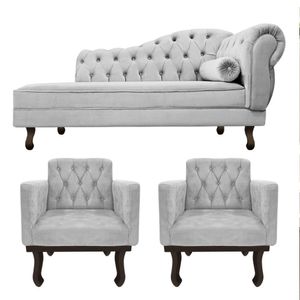 Kit Diva Recamier Diana 120cm Lado Esquerdo E 2 Poltrona Classic Linho - Amarena Móveis Cor Cinza Claro