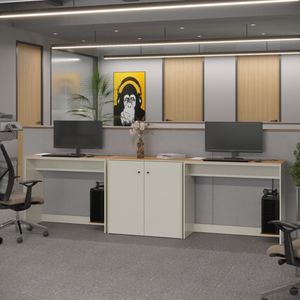 Conjunto De Escritório 3 Peças Smart Office 2 Mesas E 1 Aparador Buffet - Off White E Cedro Off White E Cedro