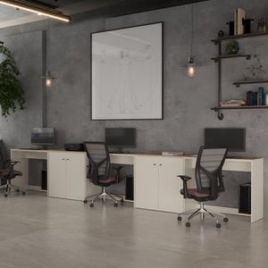 Conjunto De Escritório 5 Peças Smart Office 3 Mesas E 2 Aparador Buffet - Off White E Cedro Off White E Cedro