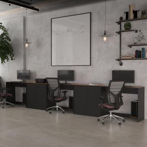 Conjunto De Escritório 5 Peças Smart Office 3 Mesas E 2 Aparador Buffet - Preto E Cedro Preto E Cedro