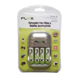 Carregador De Pilhas Com 4 Pilhas Aa Recarregáveis - Fx-c03-4p - Flex -